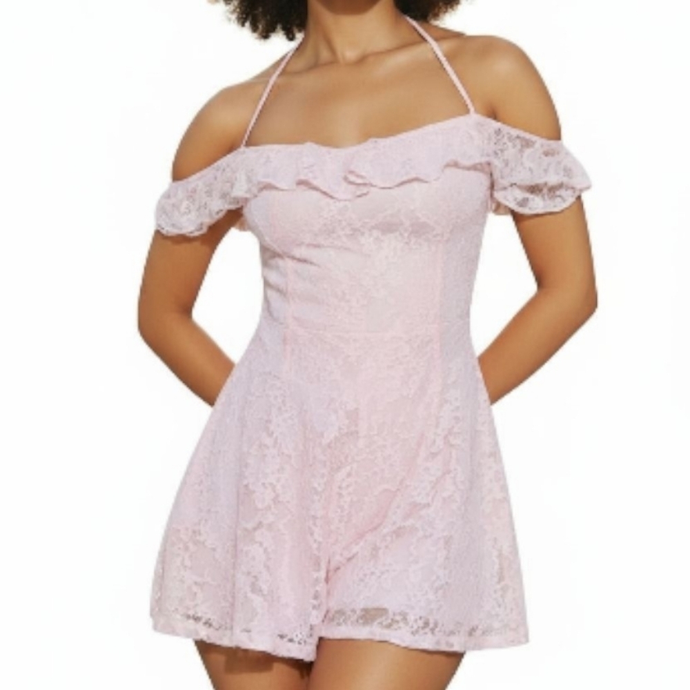 Fashion Nova Just A Crush Pink Lace Halter Romper | Size L